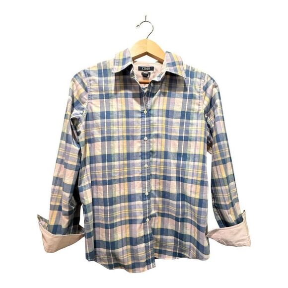 Chaps Plaid Button Up Top Blue Pink No Iron Long Sleeve M - Picture 1 of 11